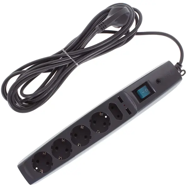 Сетевой фильтр Эра SFU 5 розеток с заземлением 3x0.75 мм 2 USB 2200 Вт 5 м цвет черный