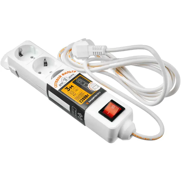 Сетевой фильтр Защита Про 4 розетки с заземлением 3x0.75 мм 3 м 2200 Вт цвет белый