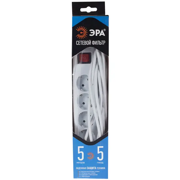 Сетевой фильтр Эра SF 5 розеток с заземлением 3x0.75 мм 5 м 2200 Вт цвет белый