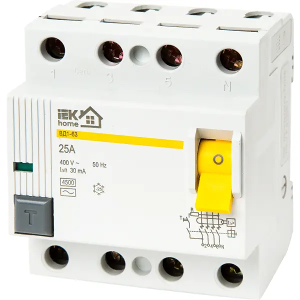 УЗО Iek Home ВД1-63 3P N 25 A 30 мА 4.5 кА AC MDV10-4-025-030