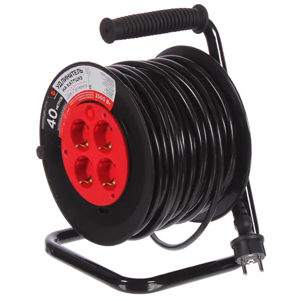 Удлинитель на катушке Защита Про 4 розетки с заземлением 3x1.5 мм 40 м цвет черный/красный