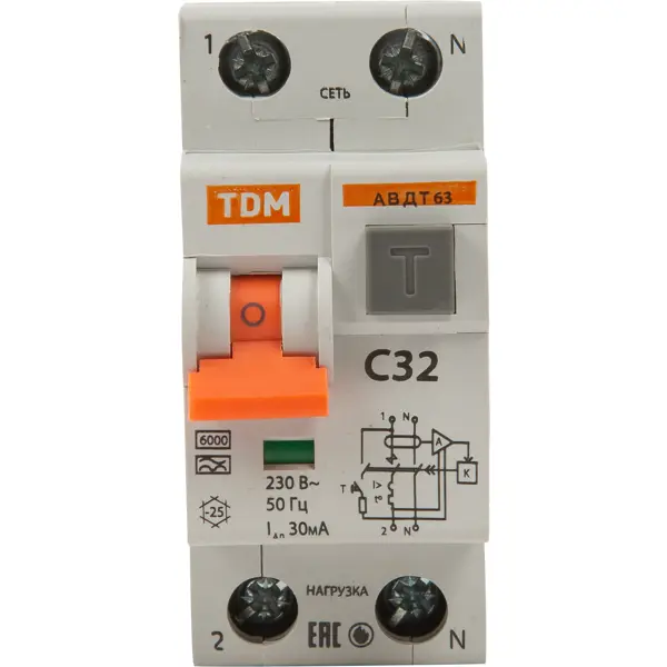 Дифференциальный автомат Tdm Electric АВДТ-63 1P N C32 A 30 мА 6 кА AС SQ0202-0005