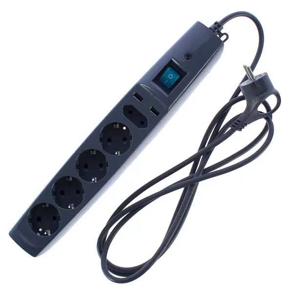Сетевой фильтр Эра SFU 5 розеток с заземлением 3x0.75 мм 2 USB 2200 Вт 1.8 м цвет черный