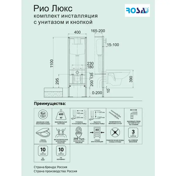 Сет инсталляция с унитазом Rosa Рио Люкс с кнопкой цвет белый