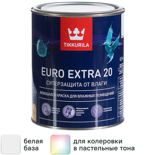 Краска для стен и потолков Tikkivala Euro-20 полуматовая цвет белый база А 0.9 л