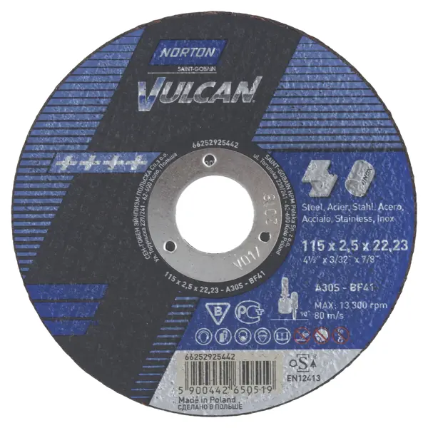 Диск отрезной по стали и нержавеющей стали тип 41 Norton Vulcan 115x22.2x2.5 мм