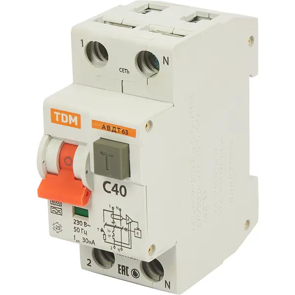 Дифференциальный автомат Tdm Electric АВДТ-63 1P N C40 A 30 мА 6 кА AС SQ0202-0006