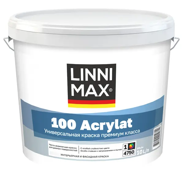 Краска фасадная Linnimax 100 Acrylat цвет белый база Б1 10 л