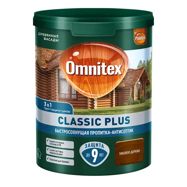 Защитно-декоративный антисептик лессирующий Omnitex Classic Plus полуматовый тик 0.9 л