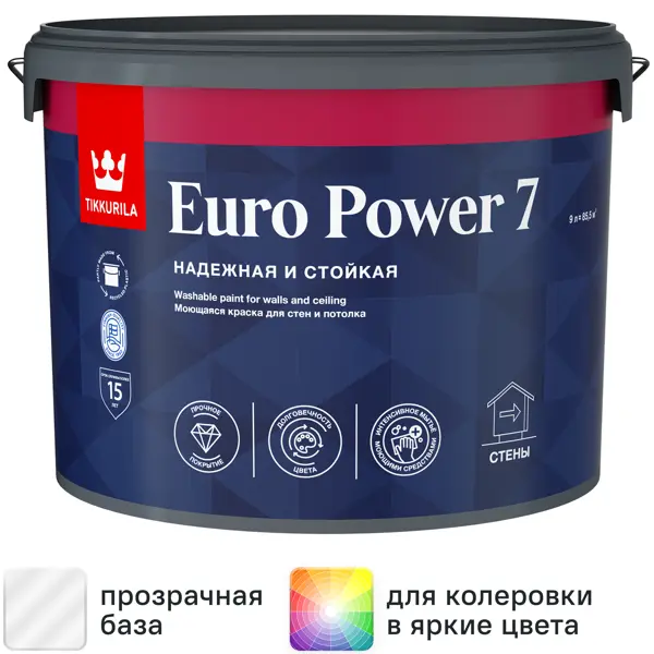 Краска для стен и потолков Tikkivala Euro Power 7 матовая прозрачная база С 9 л