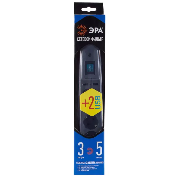 Сетевой фильтр Эра SFU 5 розеток с заземлением 3x0.75 мм 2 USB 2200 Вт 3 м цвет черный